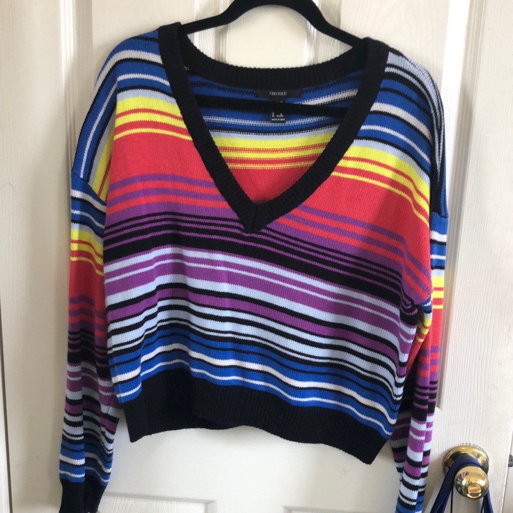Forever 21 Rainbow Striped V Neck Sweater